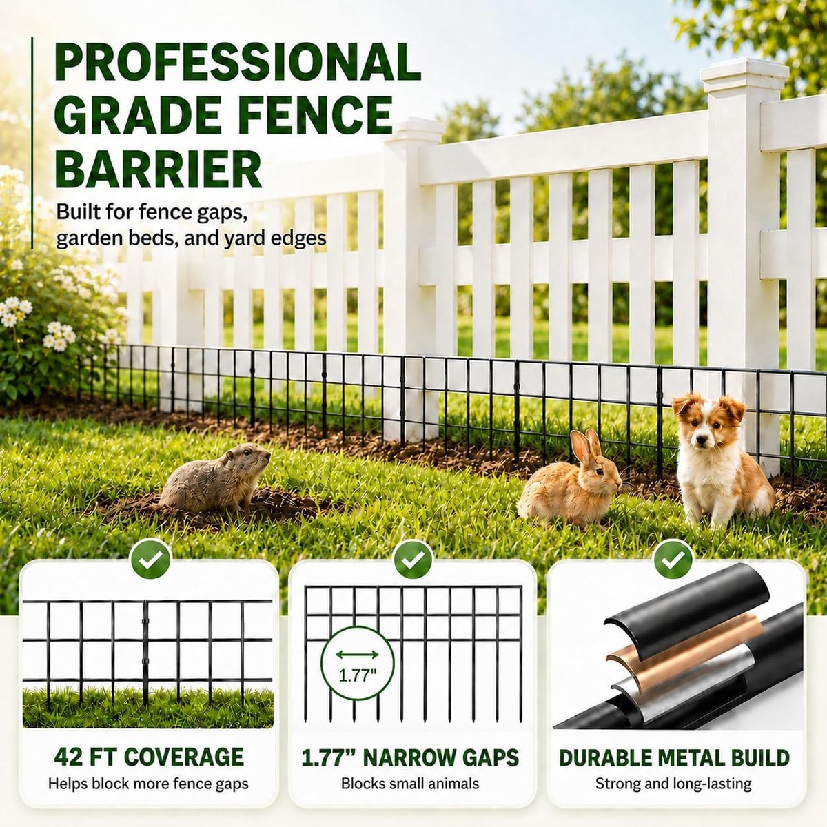 Animal barrier fence feature panel: 42 ft coverage, 1.77 inch narrow gaps, and durable metal build