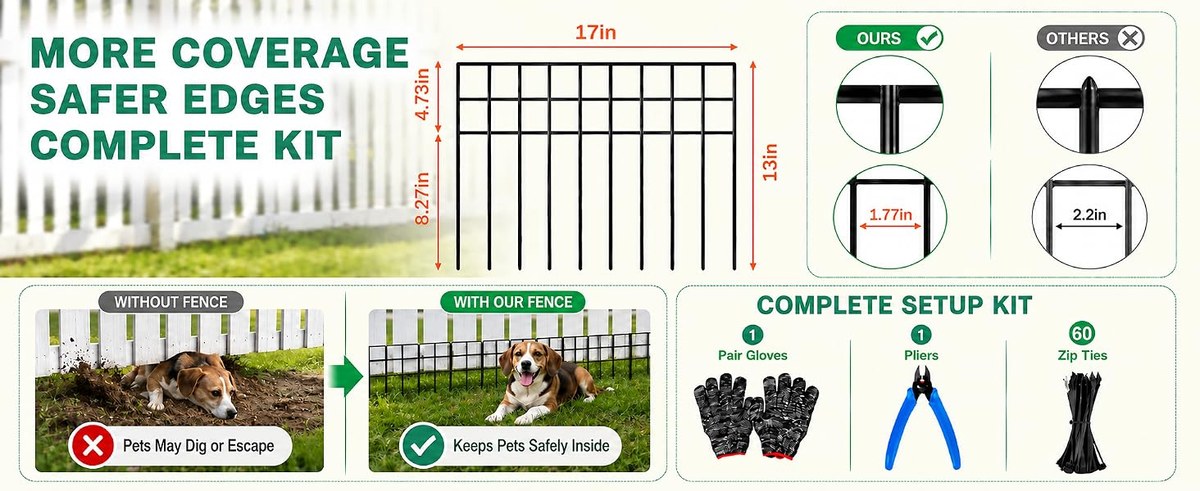 Panel dimensions: 17 inches wide, 13 inches tall, with 1.77 inch gaps versus 2.2 inch gaps on other fences