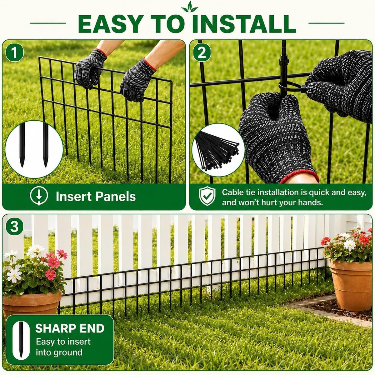Three-step installation: insert panels, join with cable ties, sharp ends into the ground