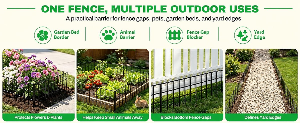 One fence, multiple outdoor uses: garden bed border, animal barrier, fence gap blocker, and yard edge