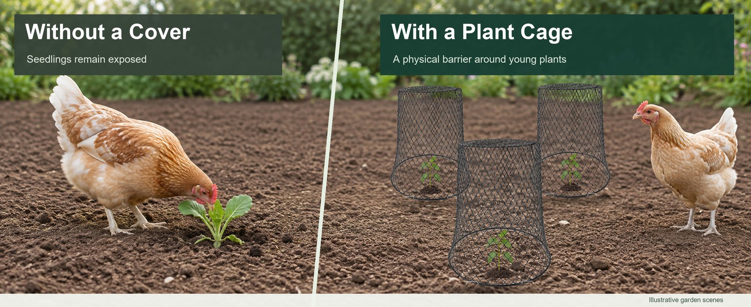 Without a cover, seedlings remain exposed; with a plant cage, a physical barrier surrounds young plants