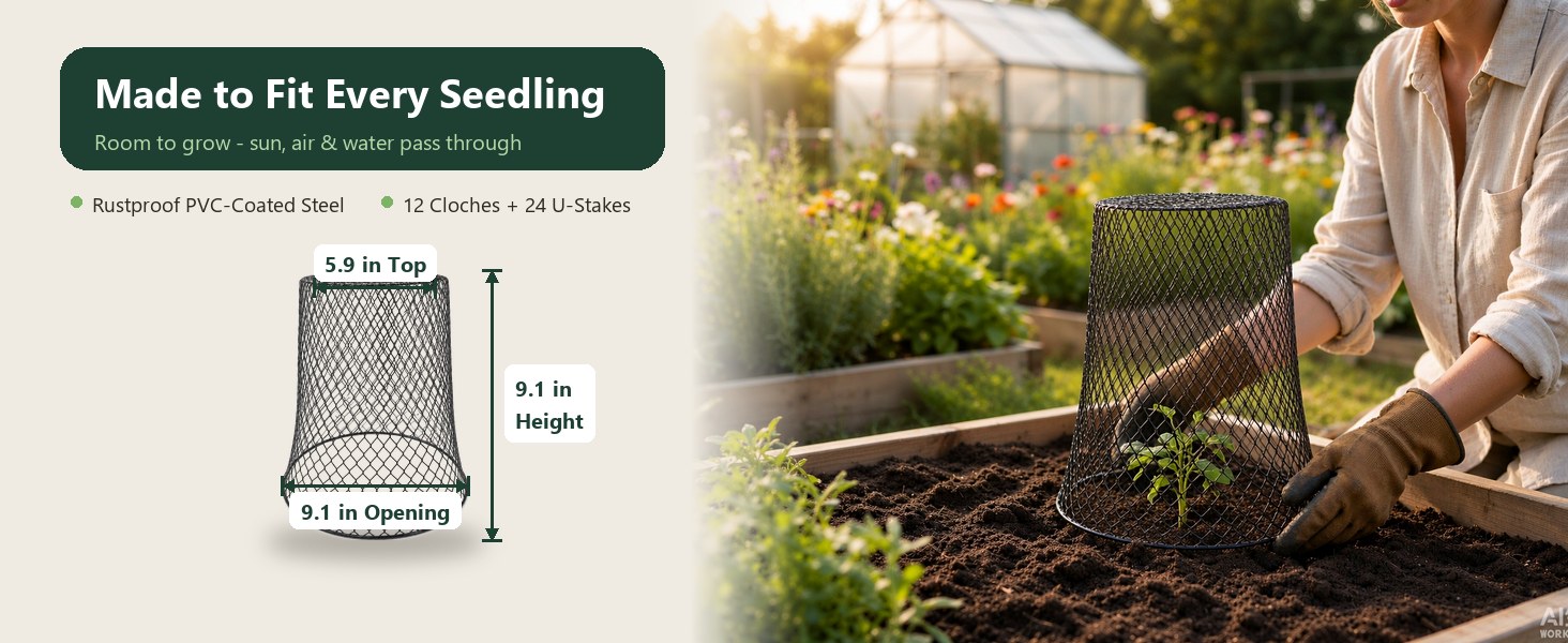 Made to fit every seedling: 5.9 in top diameter, 9.1 in height, 9.1 in base opening, rustproof PVC-coated steel