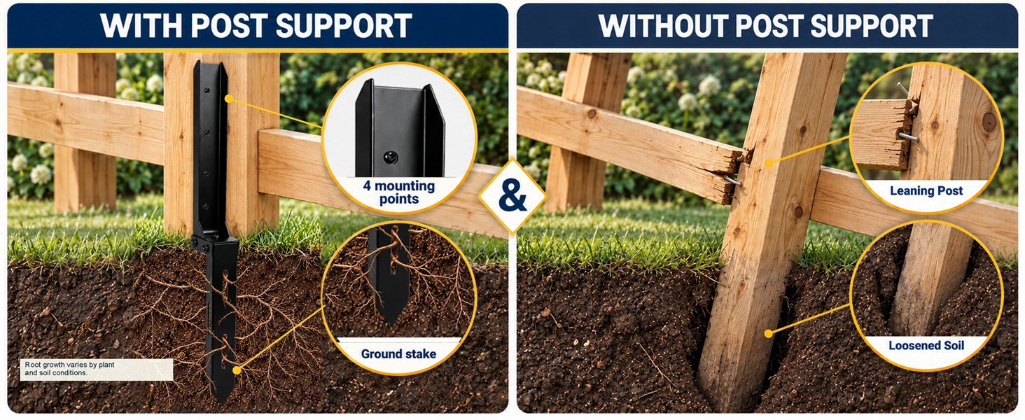 With post support versus without: a supported post stands straight while an unsupported post leans as soil loosens