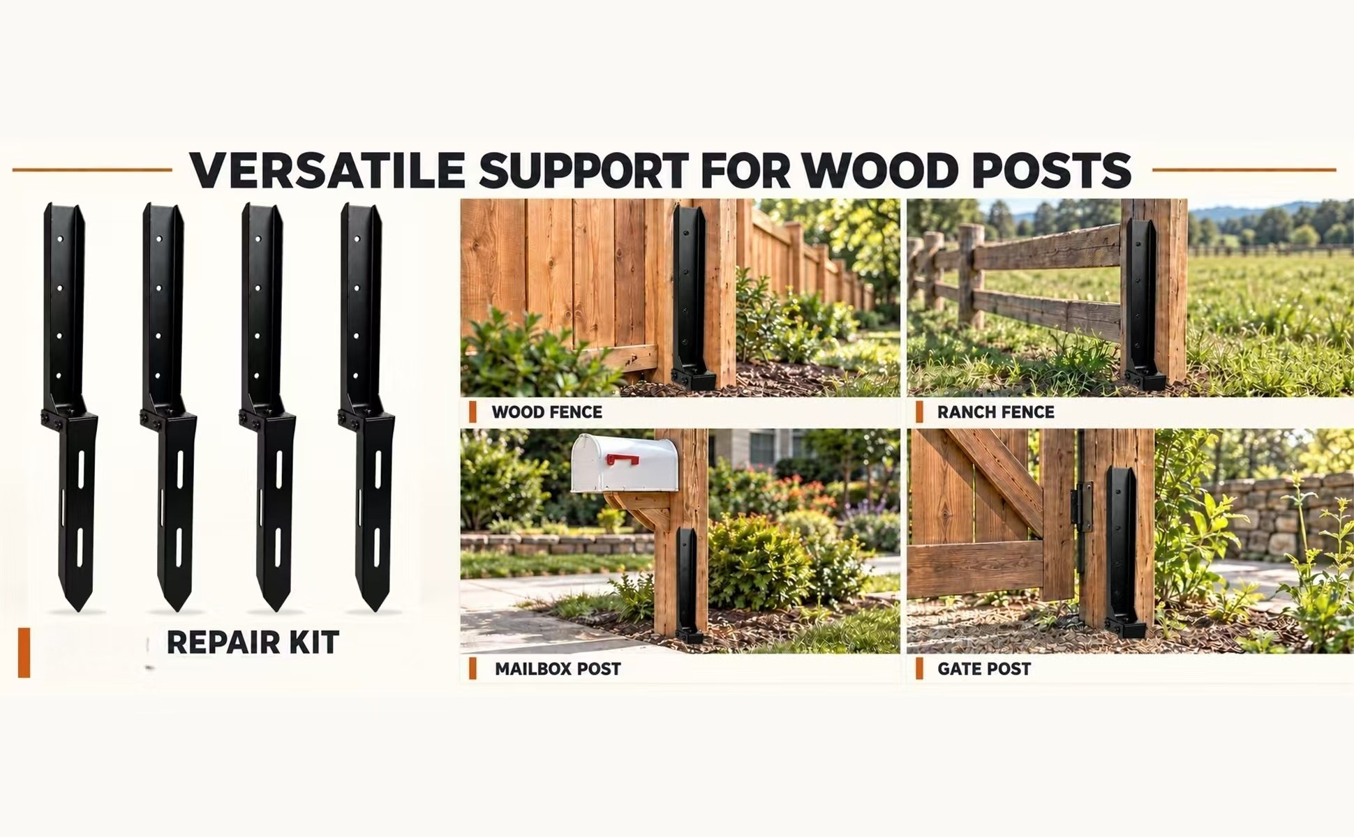 Versatile support for wood posts: wood fence, ranch fence, mailbox post, and gate post