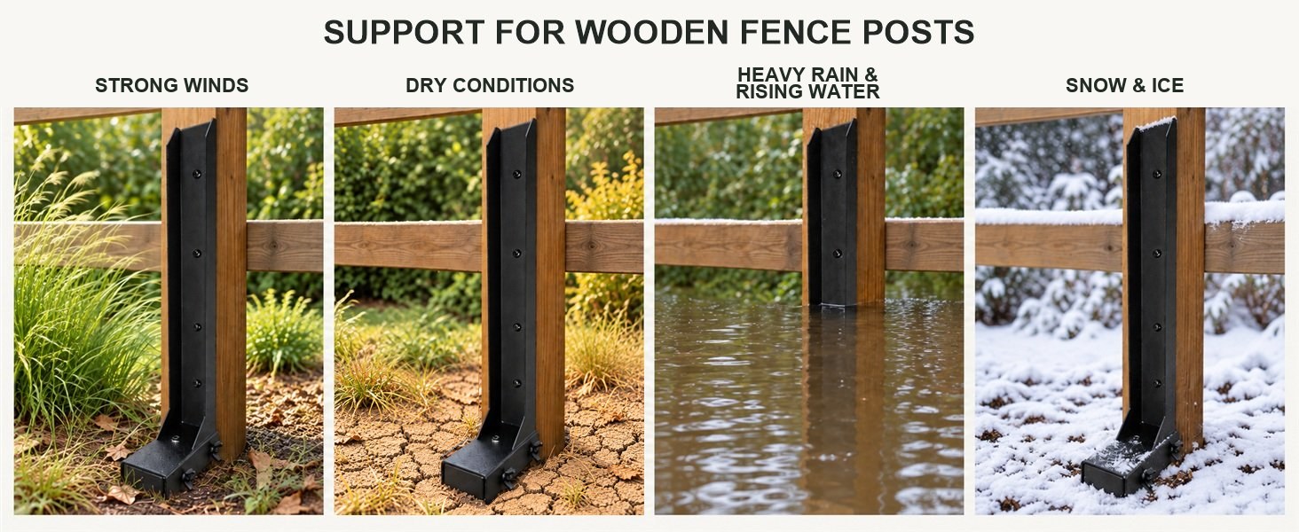 Support for wooden fence posts in strong winds, dry conditions, heavy rain and rising water, and snow and ice