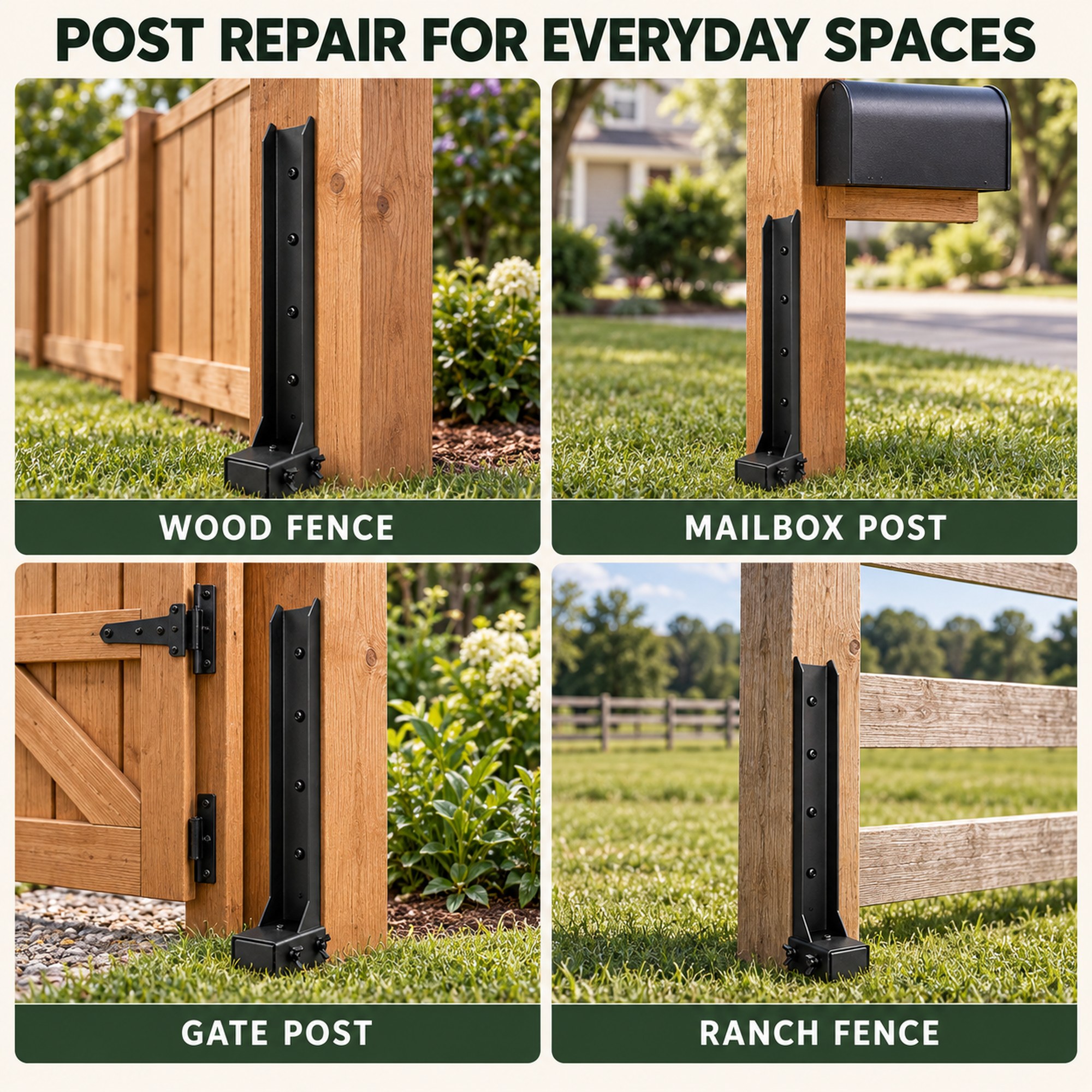 Installed at a wood fence, mailbox post, gate post, and ranch fence