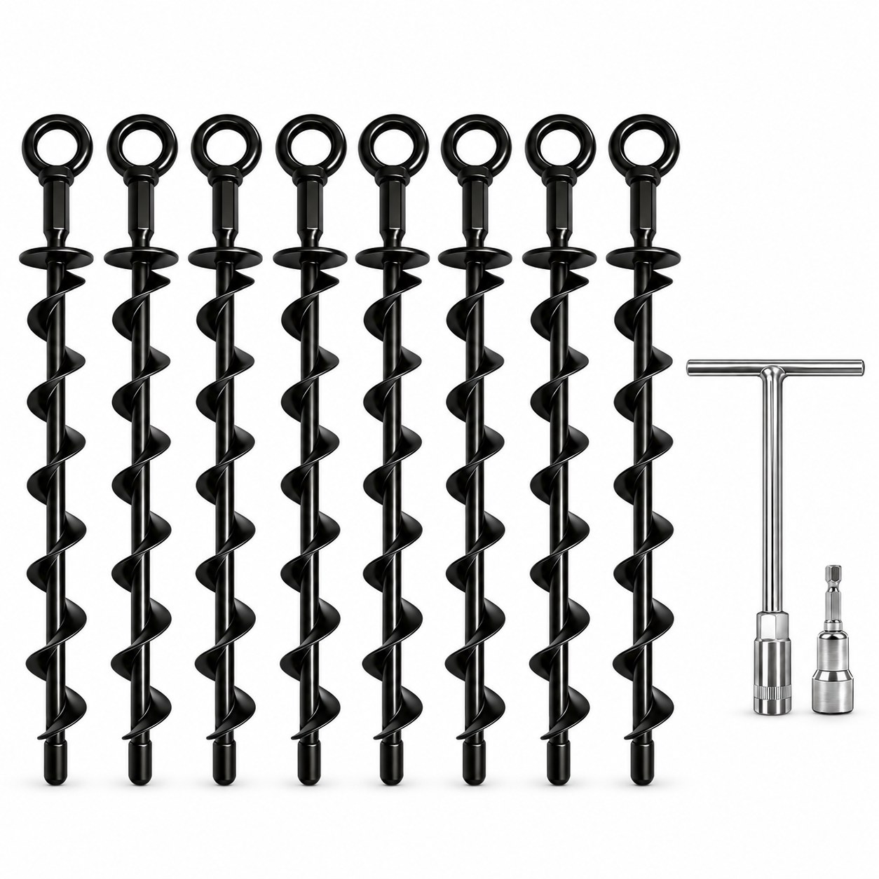 Round-head ground anchors with eye loops, shown with a T-handle wrench and socket