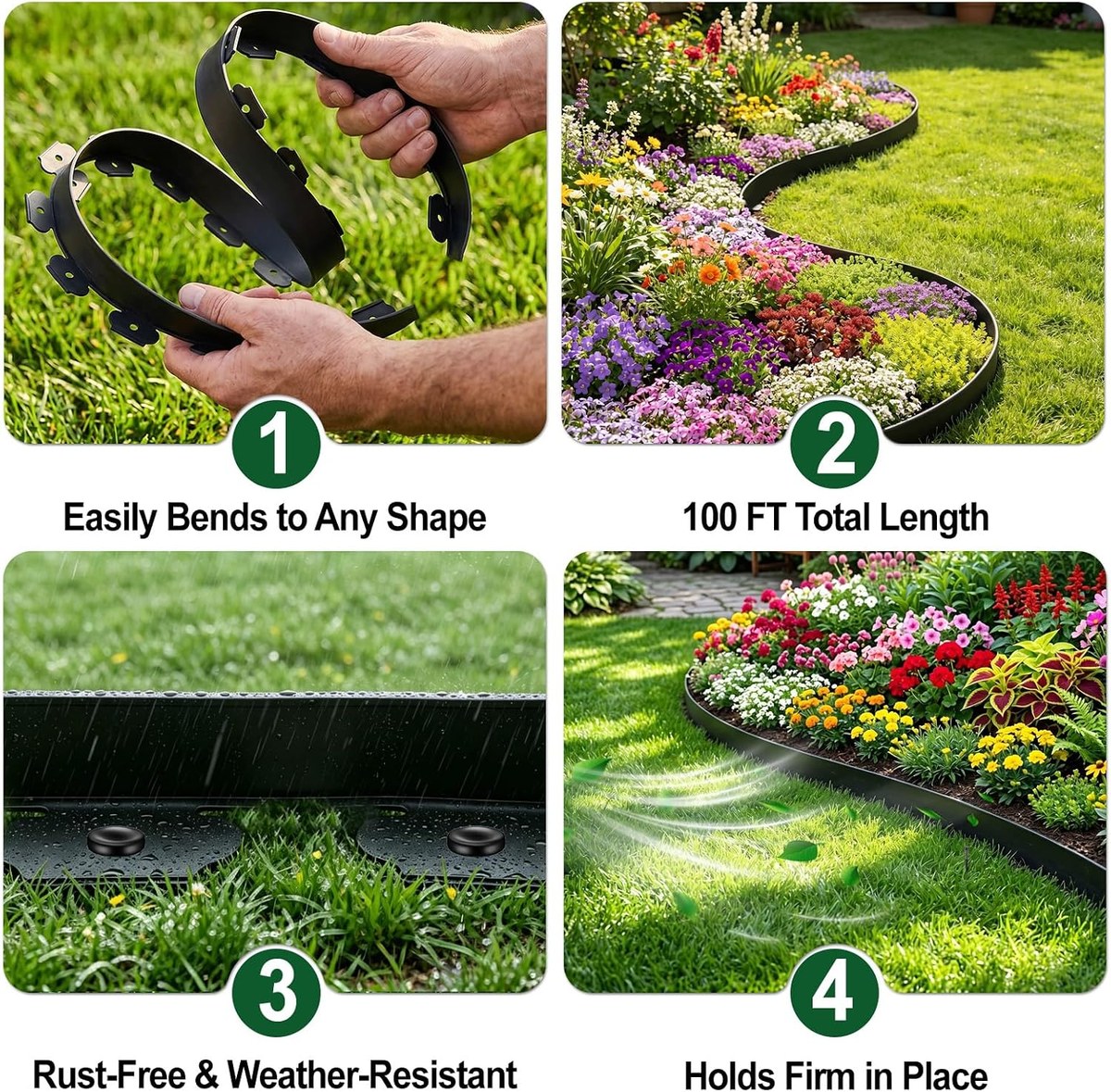 Garden edging features: easily bends to any shape, 100 ft total length, rust-free and weather-resistant, holds firm in place