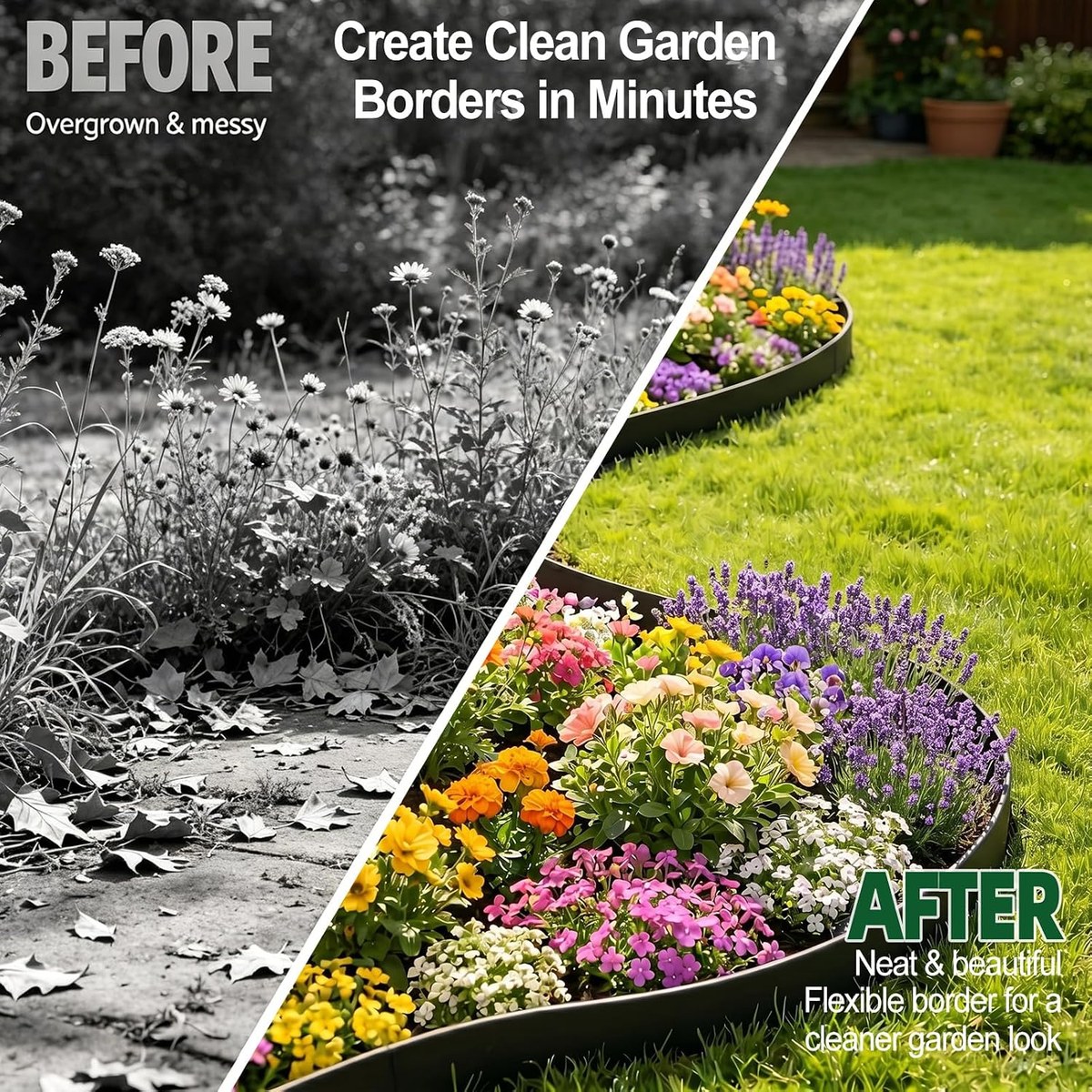 Before and after: an overgrown messy garden edge versus a neat clean border created in minutes