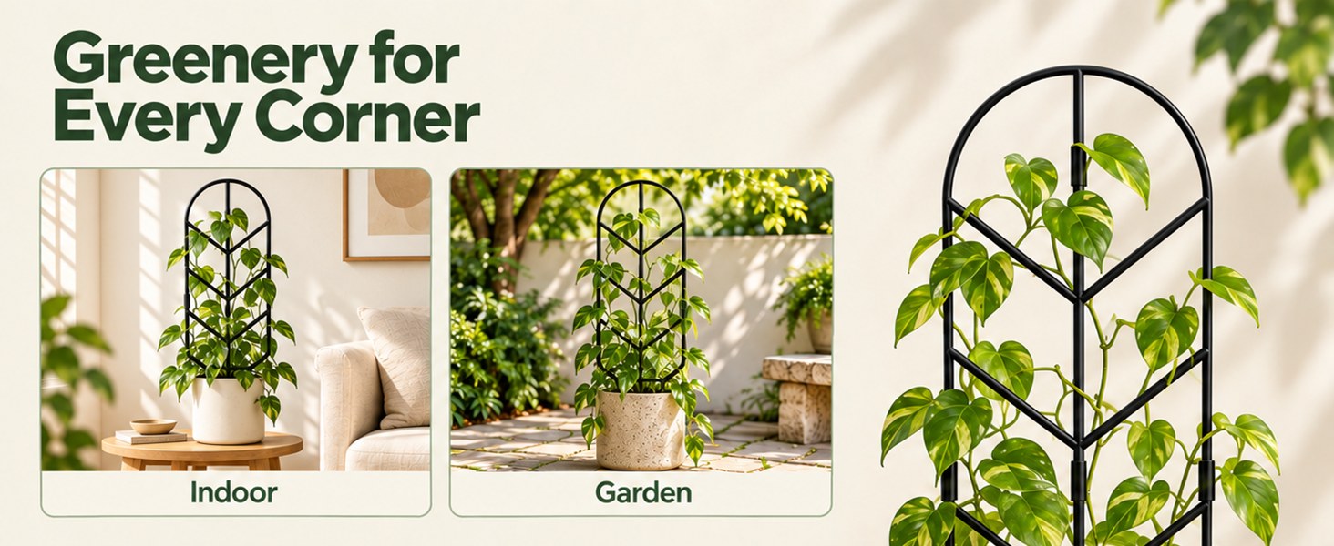 Greenery for every corner: an obelisk trellis indoors on a side table and outdoors in a garden