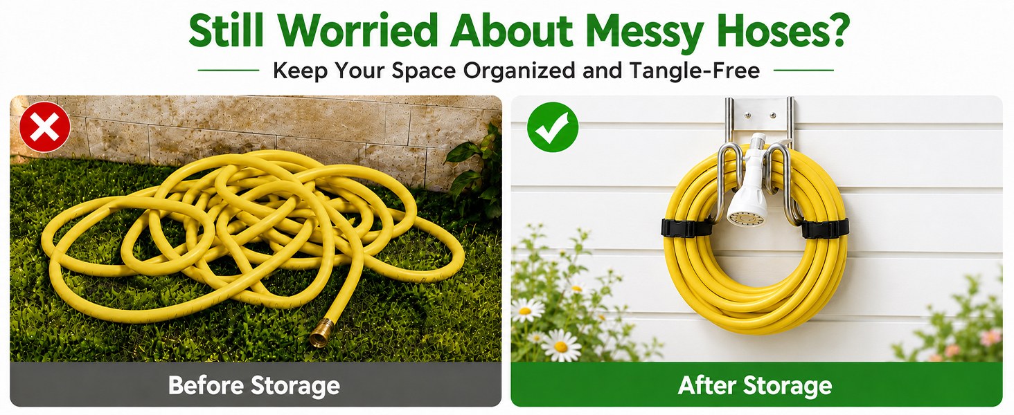 Before and after storage: a tangled hose on the lawn versus a neat coil on the wall-mounted holder