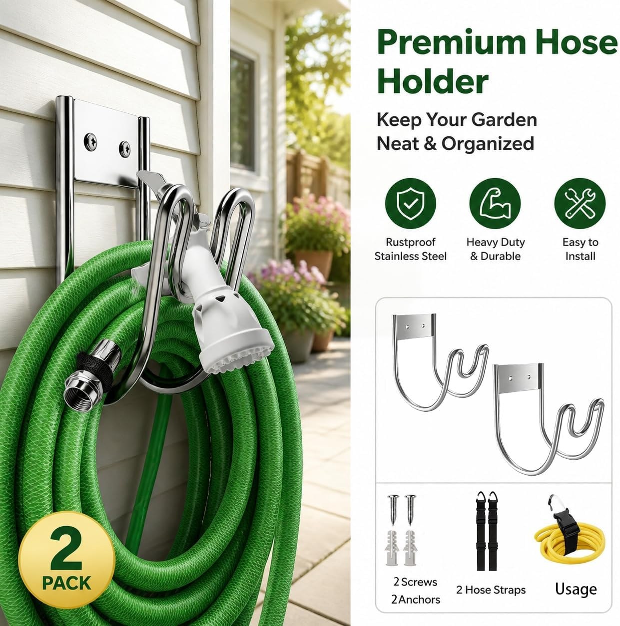 2-pack hose holder features: rustproof stainless steel, heavy duty, easy to install, with mounting hardware and hose straps