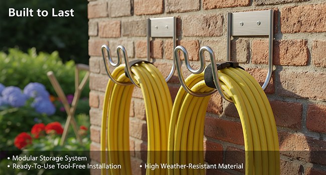 Two stainless steel hose holders mounted on a brick wall, each holding a yellow garden hose