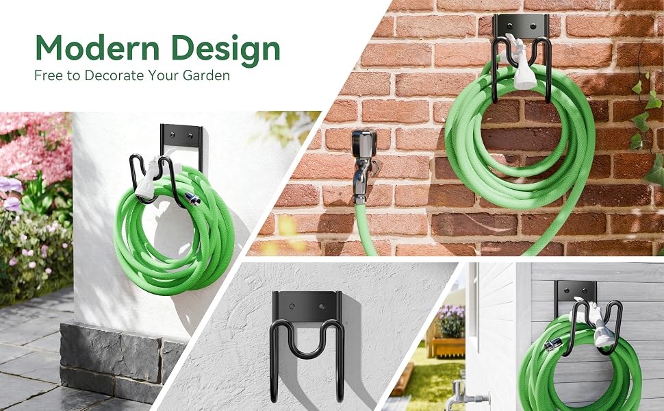 Black alloy steel hose holder mounted on brick, stucco, and siding walls holding a green garden hose
